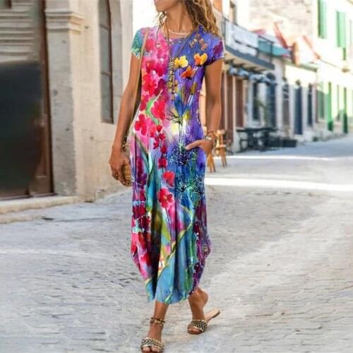 Summer Women Floral Print Midi Long Dress Casual Short Sleeve 2XL Large Size Lady Bohemian Retro Printing Dresses Summer 2021