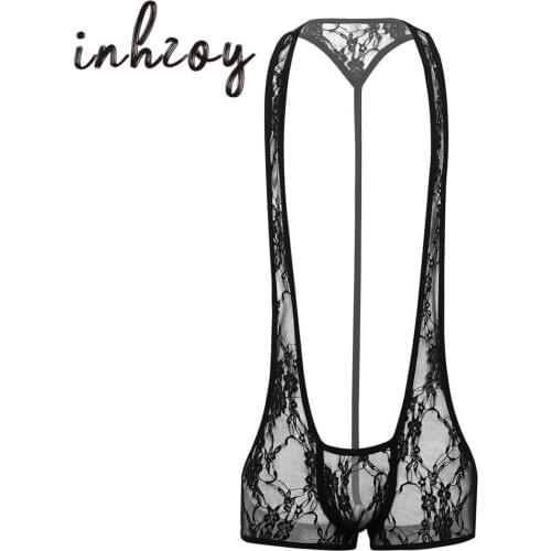 Hot Sexy Mens See Through Sheer Lace Bulge Pouch Open Butt Transparent Bodysuit Sissy Lingerie for Male Erotic Gay Underwear