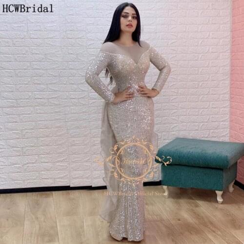 Silver Mermaid Evening Dress Long Sleeves Sheer Sparkly Sequin Arabic Women Prom Gown Plus Size Long Formal Party Dresses Cheap