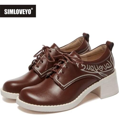 SIMLOVEYO 2021 Lace-up Fashion Women Shoes Genuine Leather Spring Autumn Ladies Pumps Round Toe 5cm Square High Heels Embroider
