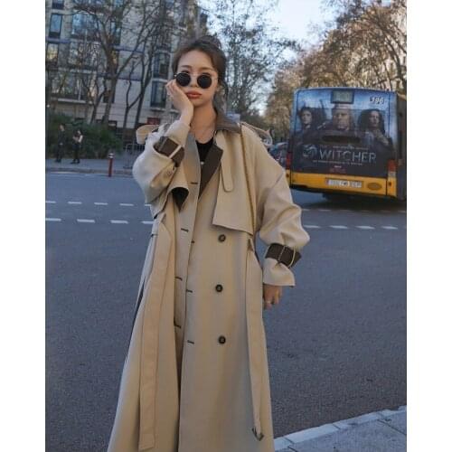2020 Korean Contrast Color Double breasted Vintage Womens Trench Coats Oversized Spring Autumn Long Trench Coat for Women B410