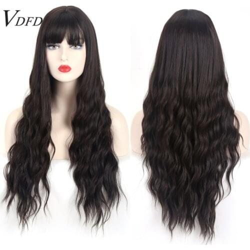VDFD Synthetic Wig with Bangs Black Brown Long Wavy Hair For Women Daily Curly Heat Resistant