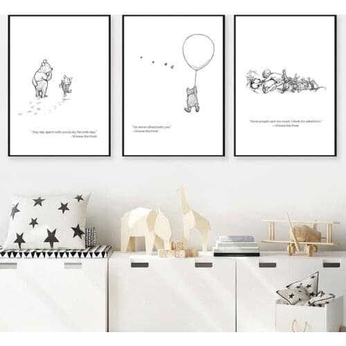 Winnie Bear Classic Cartoon Posters and Prints Nursery Decoration Canvas Painting Black White Wall Art Pictures Kids Room Decor