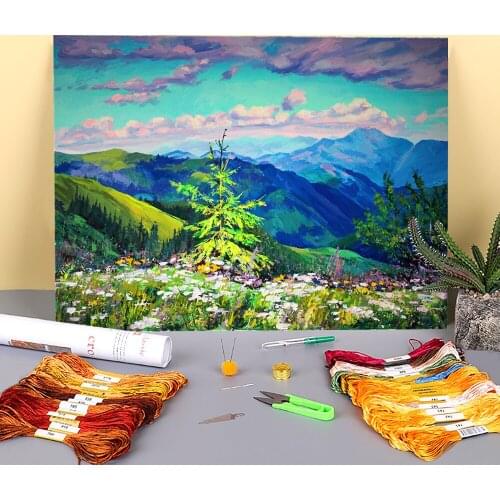 Landscape Chornogora Printed Water-Soluble Canvas 11CT Cross-Stitch DIY Embroidery Set DMC Threads Handicraft Stamped