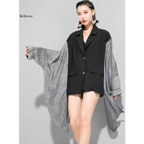 Loose Fit Contrast Color Split Big Size Asymmetrical Jacket New Lapel Long Sleeve Women Coat Fashion Spring 2021