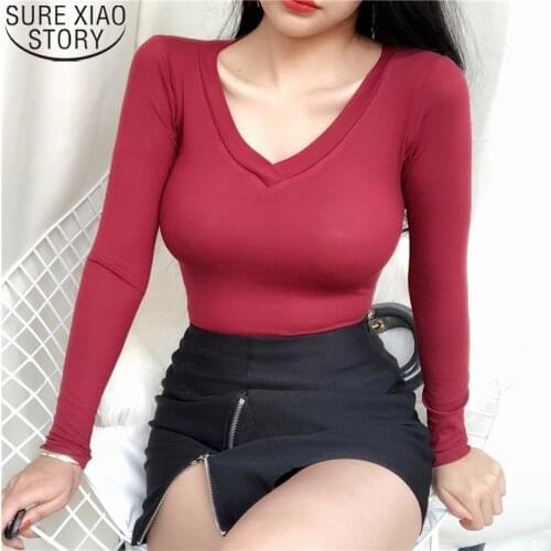 Women V-neck Slim T Shirt Tops 2020 Autumn Winter Vogue Tshirts Korean Sexy White Elasticity Long Sleeve Tee Shirt Femme 9766