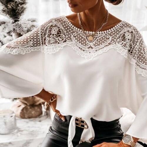 Casual Women Batwing Sleeve Solid Blouse Elegant Spring Lace Crochet Hollow Out Shirts Office Ladies O Neck Pullover Tops