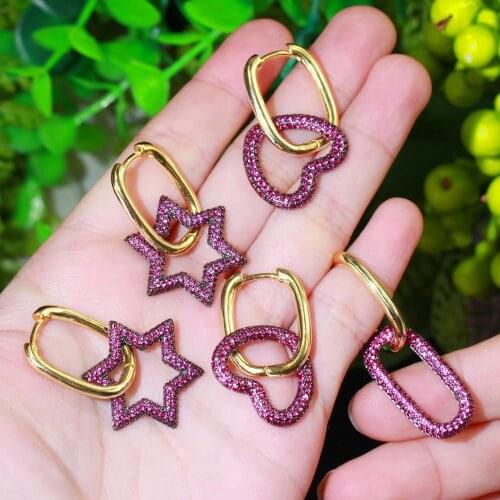 Designer Hot Pink Red Cubic Zirconia Dangling Star Heart Shape 2 Tone Gold Color Women Big Huggie Hoop Earrings CZ864