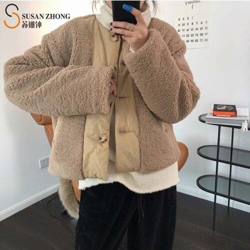Women Coats Female Puffer Lady Padded Jacket Cozy Athleisure Fall Winter Loose Round Neck Quilted Faux Fur Buttons Pockets Warm