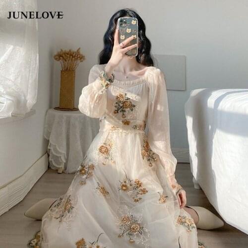 2021 Elegant Embroidery Long Sleeve Dress Women Vintage Puff Sleeve Floral Party Dress Mesh High Waist Long Dresses Vestidos