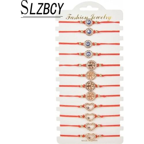 12pcs/set Tree of Life Evil Eye Charm Bracelets Set Heart Rhinestone Red Rope Braided Wristband Fashion Women Adjustable Jewelry