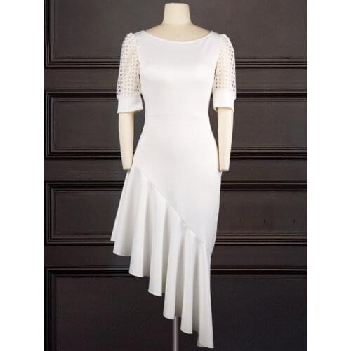 White Elegant Women Dress for Party Hollow Out Mesh Sleeve Bodycon Patchwork Ruffles Sexy Slim Celebrate Event Festival Robes