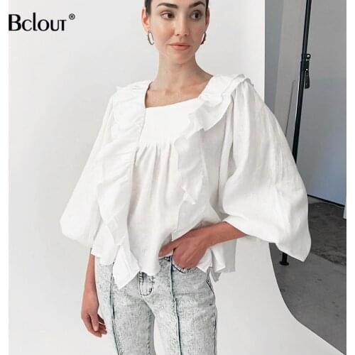 Bclout White Loose Square Collar Woman Blouse Shirt Elegant Cotton Pullover Shirt Female 2021 Casual Latern Sleeve Ruffles Top
