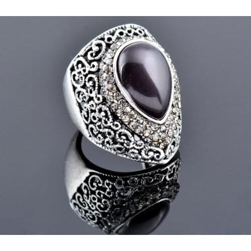 KIOOZOL Dark Large OPAL Vintage Ring with Micro Inlaid Cubic Zirconia Ring For Women Wedding Party Jewelry Gift 152 KO2