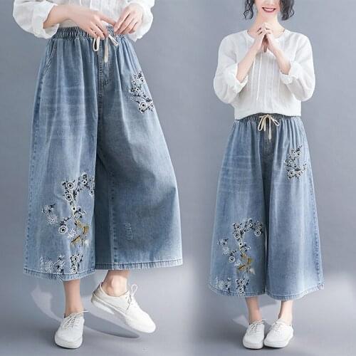 Harajuku Mori Girl Sweet Pants Women Clothing Floral Layer Embroidered denim Female fashion elegant Cropped trousers