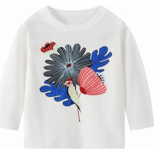 27kids Girls Spring Autumn Cotton Toddler Baby Bird and Flowers Pattern Tops Long Sleeve T-Shirt Casual Clothing 2-7Years