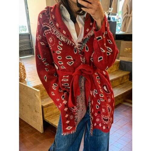 Jastie Cashmere Bandana Motif Fringed Cardigan Women V-Neck Tie Waist Long Sleeve Winter Sweater Knitwear Warm Thick Overcoat