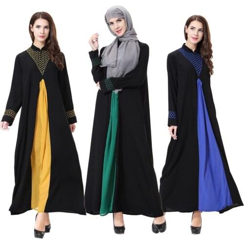 Muslim Stand Collar Long Sleeve Dress Islamic Ladies Solid Color Robe Arabic Kaftan Saudi Dubai Women Clothing Worship Abaya