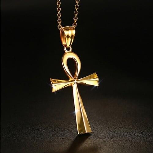 Mystic Egyptian ANKH Cross Charm Pendant Necklace for Woman Golden Stainless Steel Egypt Jewelry Great Gift 20inch