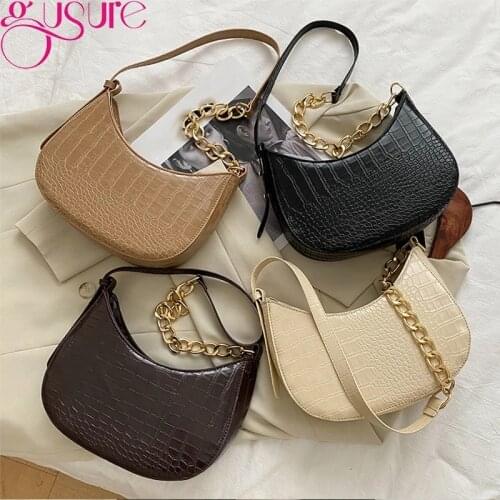 Gusure 2021 New PU Leather Handbag Pouch Retro Crocodile Print Crossbody Hobos Bag Ladies Chain Underarm Shoulder Bags Bolsa