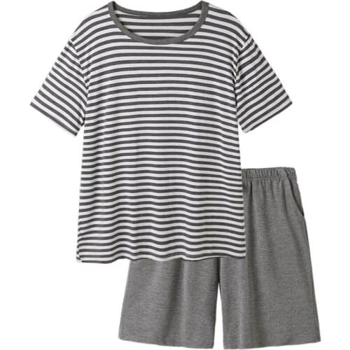 Pijama Hombre Verano Modal Striped Pajamas Mens Loose Large Size O-Neck Homewear Summer Short Sleeve Shorts Turtleneck Pajamas