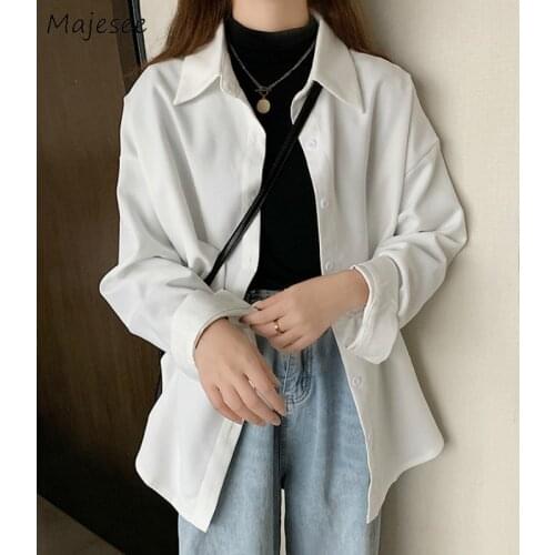 Shirts Women Solid Button Full Sleeve White Classic Elegant Office Lady Business Basic All-match Popular College Student Females