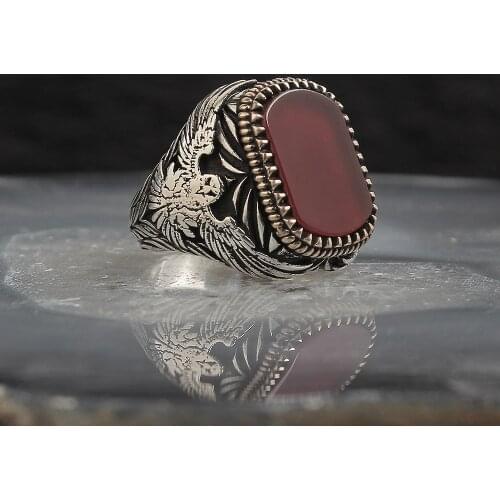 Turkish handmade 925 sterling silver jewelry Eagle motif agate stone mens ring