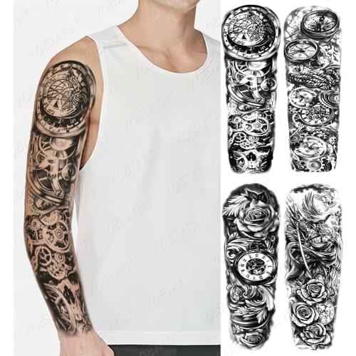 Waterproof Temporary Full Arm Tattoo Sticker Compass Gear Mechanical Rose Flash Tattoos Man Body Art Big Fake Sleeve Tatto Women