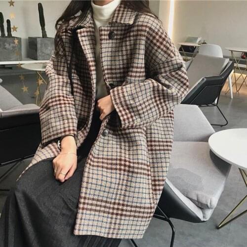 Womens Autumn Winter 2021 Long Thicken Loose Wool Coat Student Korean Plaid Outerwear Single-breasted Woolen Jacket