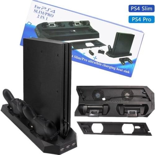 2in1 PS4 Pro/ PS4 Slim Vertical Stand with Cooling Fan Cooler Dual Controller Charger Charging Station Heating Dissipation Stand