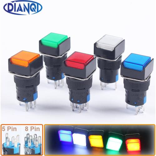 16MM 1NO1NC/2NO2NC Latching/Momentary plastic push button switch square pilot lamp Indicator light with LED lighting or no