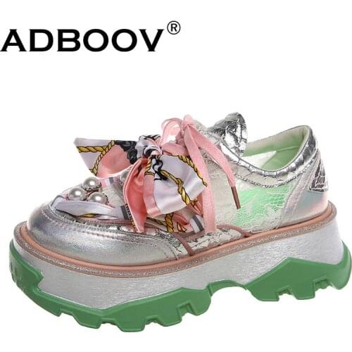 ADBOOV 2020 New Bow-knot Chunky Sneakers Pearl Lace Design Women Shoes Fashion Thick Sole Platform Shoes Ladies