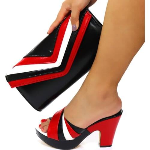 Black+red Color design Ladies Shoe with Matching Bags High Quality African Set for Party In Women Heels Slippers