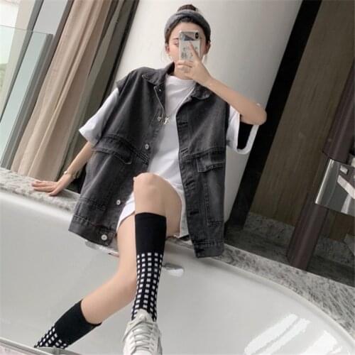 Denim Vest Womens 2019 Basic Ladies Denim Vest Lapel Collar Single-breasted Pocket Large Size Loose Sleeveless Denim Jacket New
