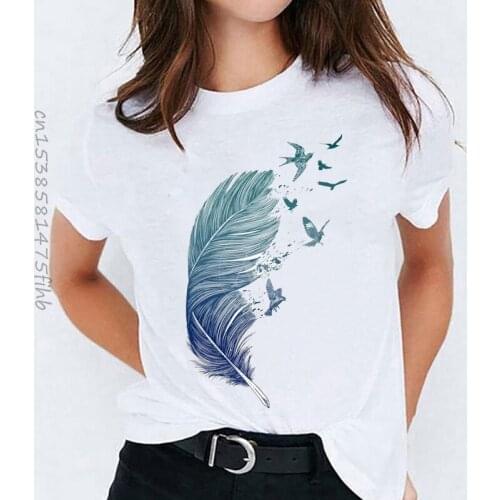 Premium T-Shirts Top For Women Watercolor Feather Bird Cartoon 90s Print Lady Womens Graphic T Shirt Ladies Female Tee T-Shirt