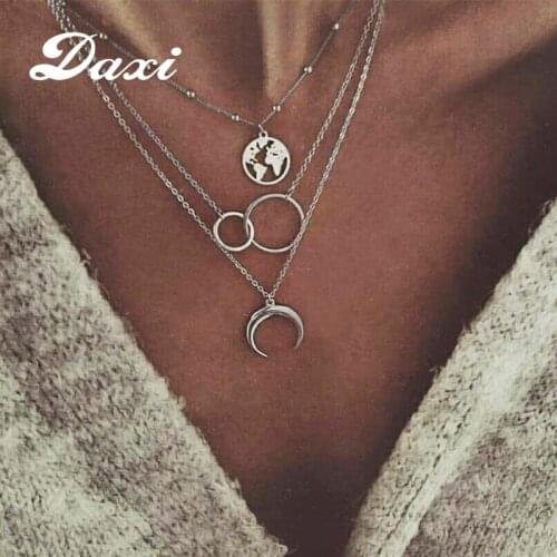 DAXI Layered Chain Necklaces Map Moon Pendant Necklace For Women Chains Necklace Set Women Trendy Boho Jewelry