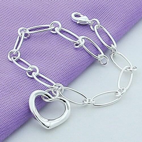 New Arrival 925 Sterling Silver Simple Heart Shape Chain Bracelet For Women Trendy Jewelry Gift
