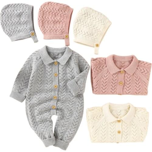 New Infant Solid Jumpsuit + Hat, Single Breasted Casual Style Ribbed Closure Spring and Autumn Clothing