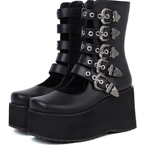 Boots Women Winter Buckle Ankel Punk Female Platform Boots Retro Wedges High Heels Quality Boots Botas Mujer Plus Size 48 1009-1