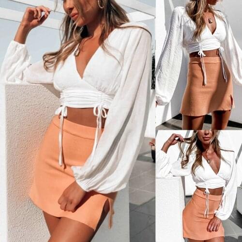 Sexy V Neck Women Long Sleeve Crop Tops Fashion Drawstring Lace Up Lantern Sleeve White Shirts Casual Slim Short Blouses Female