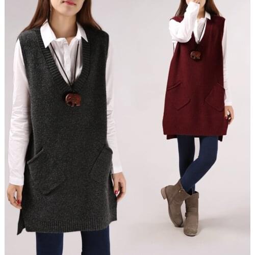 Spring and Autumn V-neck Loose Pockets Sweater Womens Coat Vest plus Size Knitwear