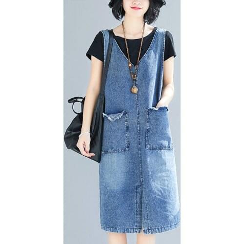 2020 Spring Summer New Denim Vest Dress V-neck Sleeveless Vintage Thin Jeans Vest Dress Front Split Loose Ladies Dresses D3597