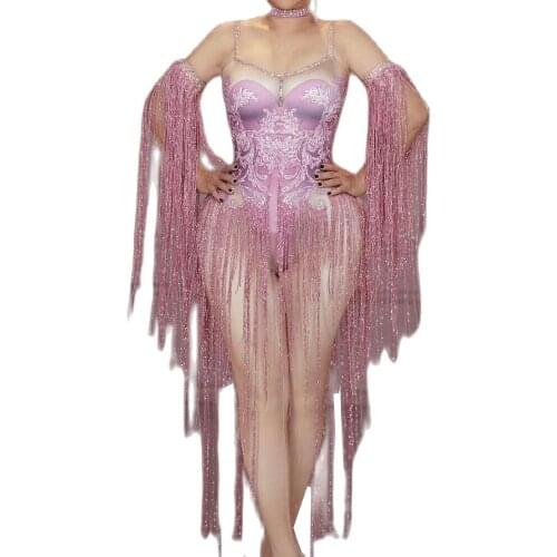 Pink Fringes Camisole Bodysuit Pattern Printing Bodycon Nightclub Costumes Stage Wear Lady Personality Performance Costume