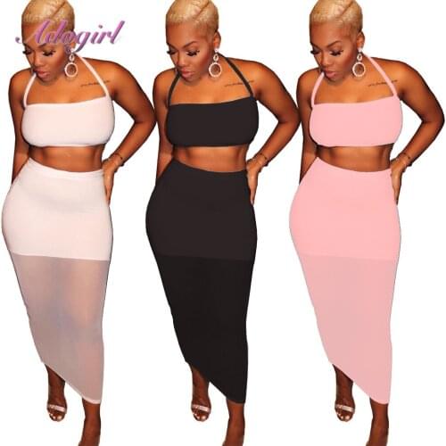Women Summer Skirt Suit Party Club Two Piece Sets Sexy Xolid Halter Strapless Tank Tops Sheer Mesh Skirt Outfit Streetwear Set