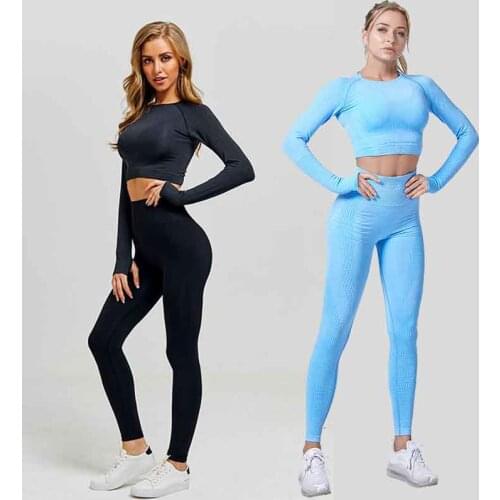 Women Sports Outfits Fitness Suits Yoga 2 Pcs Sets Long Sleeve Tops + Seamless Leggings Gym Workout Running Tracksuit Sportswear