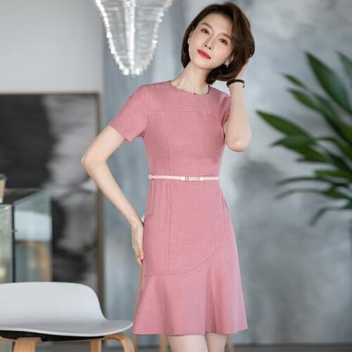 Summer Short Sleeve Novelty Pink Dresses for Women OL Styles Slim Hips Mini Dress Work Wear Beauty Salon Vestidos with Belt