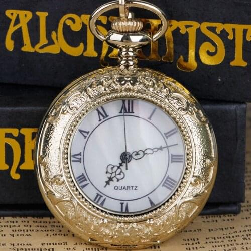 Gold Smooth Face Quartz Pocket Watch Pendant Clock Roman Number Display White Dial Clocks with Chain