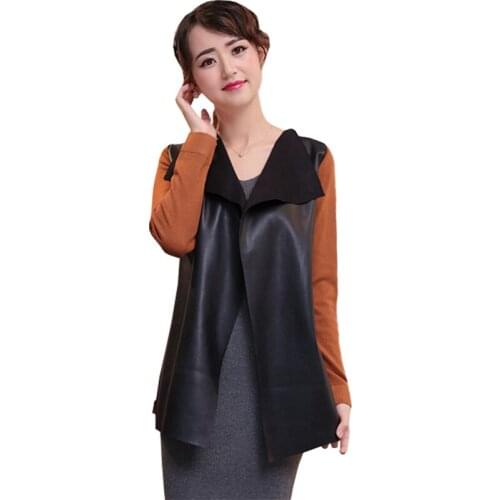 2021 Autumn Big Lapel Collar PU Splicing Cardigan Jacket Coat Sweater Women Leather Sweaters Jumper Clothing Vestidos MMY466