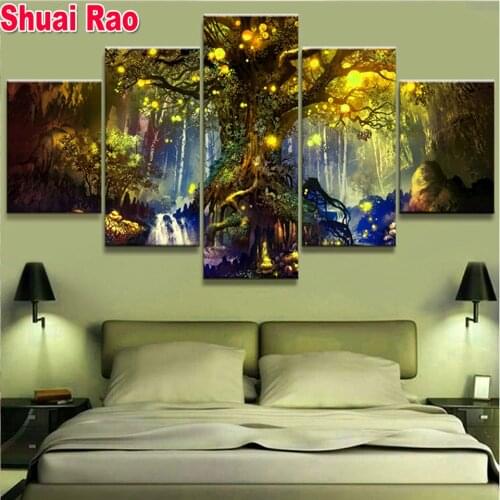 5 Panel Diy Full Drill Square/Round Diamond Painting"Magic Tree Scenery"Embroidery Darkness Art Cross Stitch Home Decoration