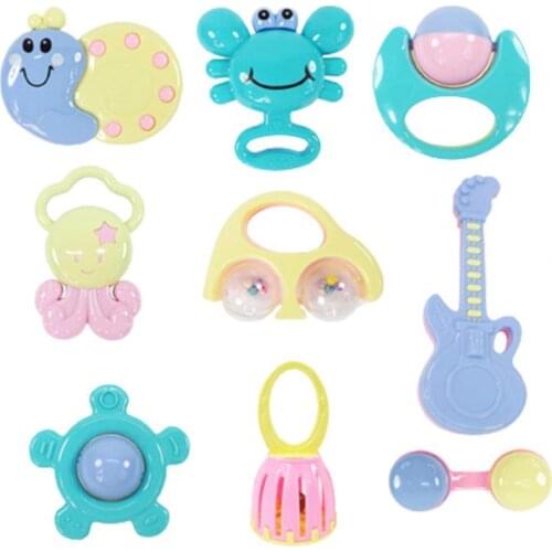 9Pcs/Set Baby Rattles Educational Smooth Handle Plastic Cute Cartoon Hand Grip Soft Shaking Rattles for Infant